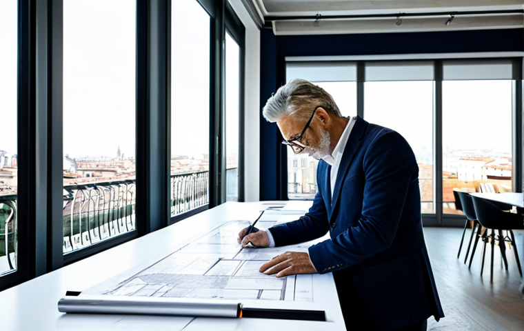 **

"A professional architect, fully clothed in appropriate attire, reviewing blueprints in a brightly lit design studio in Milan, Italy. The studio features modern furniture and large windows overlooking the city. Safe for work, appropriate content, professional, perfect anatomy, natural proportions, high quality."

**