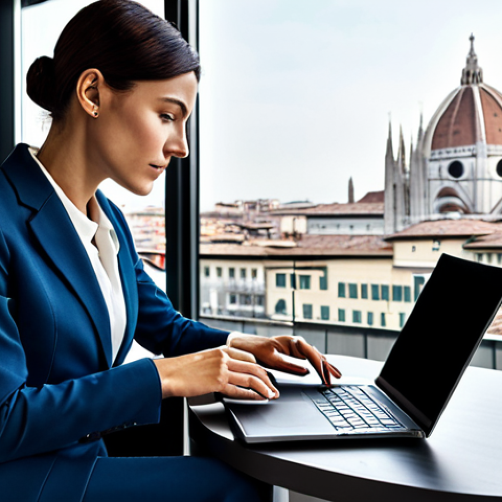 **

"A professional businesswoman in a stylish, modest Italian business suit, working on a laptop in a modern Milan office with a view of the Duomo, fully clothed, appropriate attire, safe for work, perfect anatomy, natural proportions, professional photography, high quality."

**