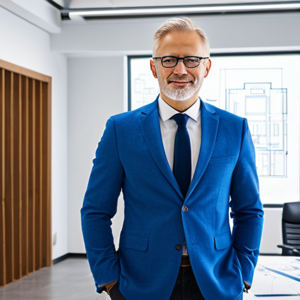 A professional architect in a modest, stylish outfit, standing in front of a blueprint in a bright, modern architectural office, fully clothed, appropriate attire, safe for work, perfect anatomy, natural proportions, professional photograph, high quality.