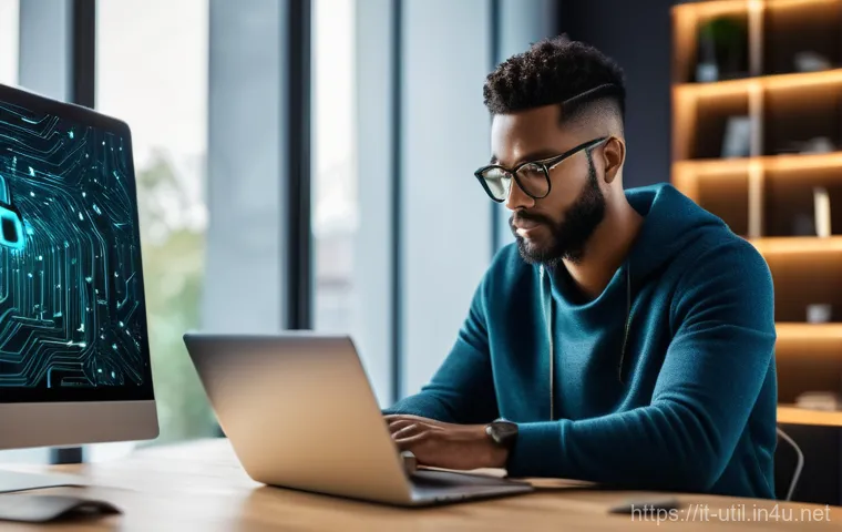 네트워크 보안 유틸리티 추천 - **Prompt:** A modern, diverse adult user, fully clothed in smart casual attire, sits at a sleek, min...