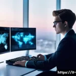 가상 네트워크 어댑터 유틸리티 - **Prompt:** A futuristic, bright office space at twilight, with a sleek, minimalist desk holding a t...