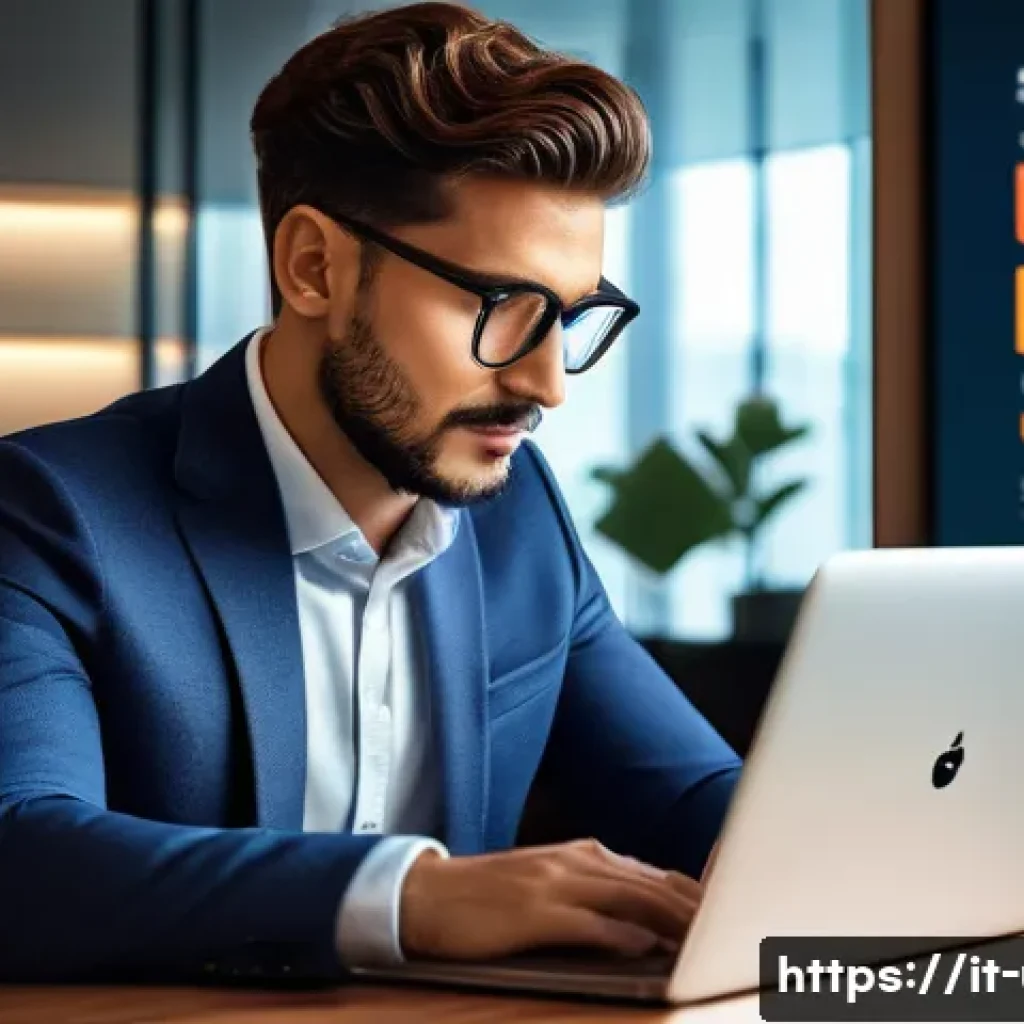 파일 전송 가속 소프트웨어 추천 - A modern, sleek office setting with an Italian professional using a laptop displaying advanced file ...