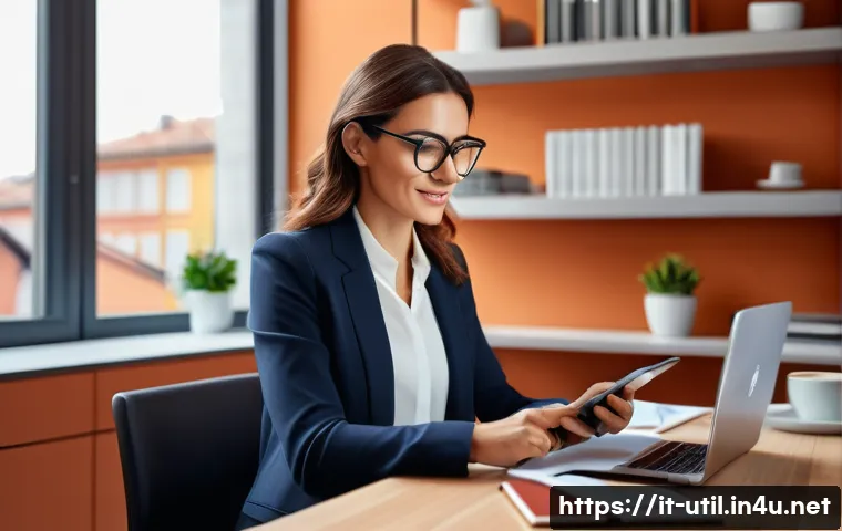 다중 클립보드 관리 소프트웨어 - A modern home office scene featuring a professional Italian woman in business casual attire, sitting...