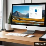 이미지 리사이즈 프로그램 추천 - A cozy modern home office setup featuring a sleek desktop computer displaying image resizing softwar...