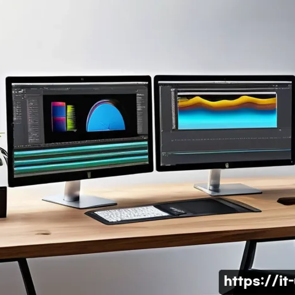이미지 압축 소프트웨어 무료 및 유료 비교 - A modern professional photography workspace featuring a sleek computer setup with dual monitors disp...