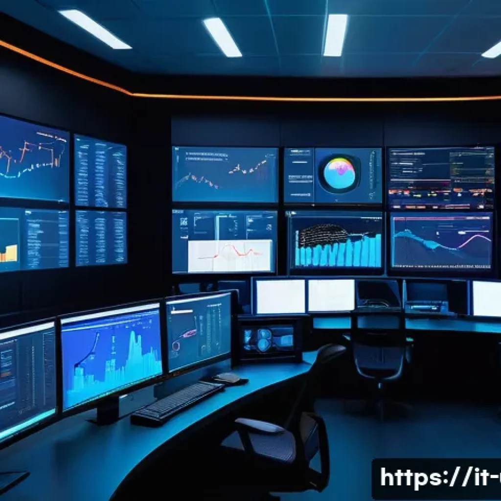시스템 성능 모니터링 유틸리티 - A modern IT control room with multiple large screens displaying real-time CPU and memory usage graph...