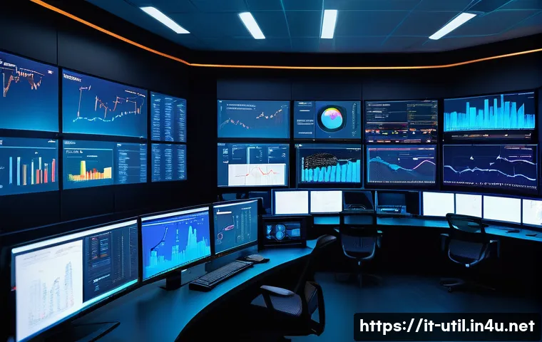 시스템 성능 모니터링 유틸리티 - A modern IT control room with multiple large screens displaying real-time CPU and memory usage graph...