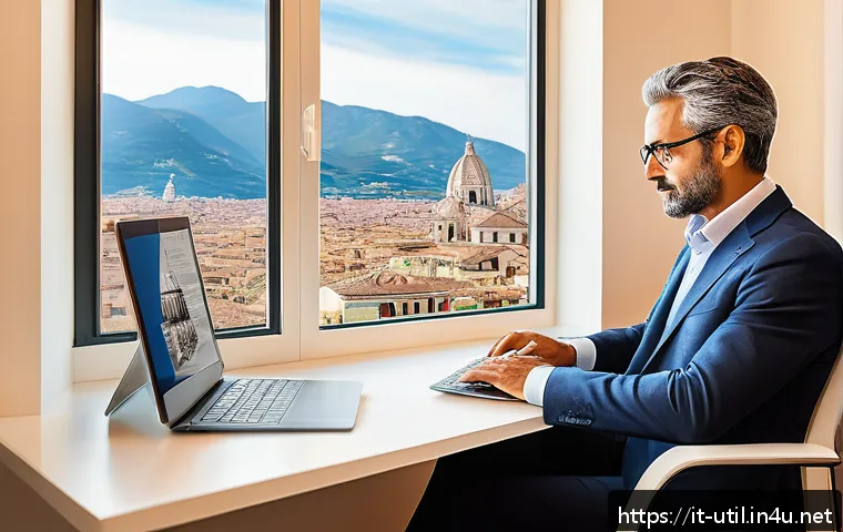 디스크 복사 유틸리티 추천 - A modern home office setting featuring a middle-aged Italian professional using a sleek laptop with ...