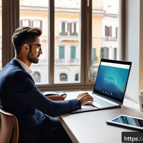 웹사이트 차단 소프트웨어 추천 - A modern Italian home office setup with a young professional using a laptop displaying a productivit...