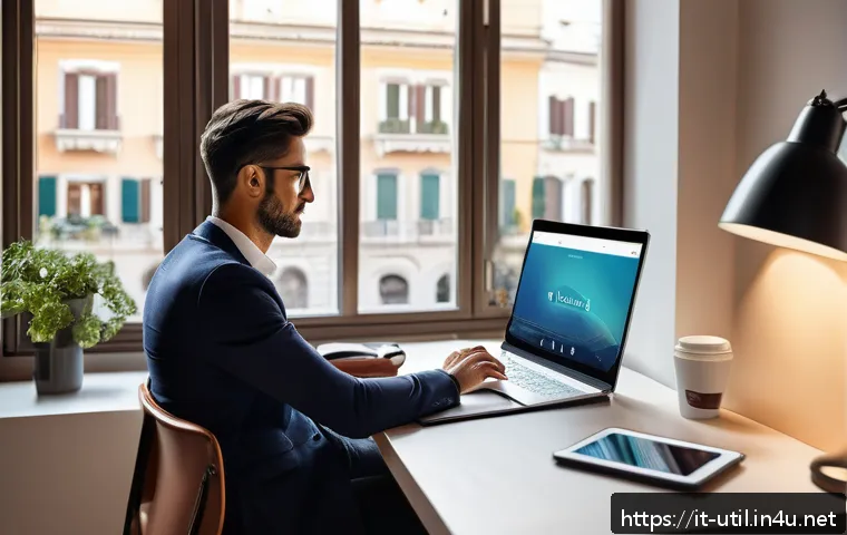 웹사이트 차단 소프트웨어 추천 - A modern Italian home office setup with a young professional using a laptop displaying a productivit...