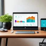 네트워크 트래픽 모니터링 유틸리티 - A modern home office setup showcasing a user-friendly network monitoring application on a sleek lapt...